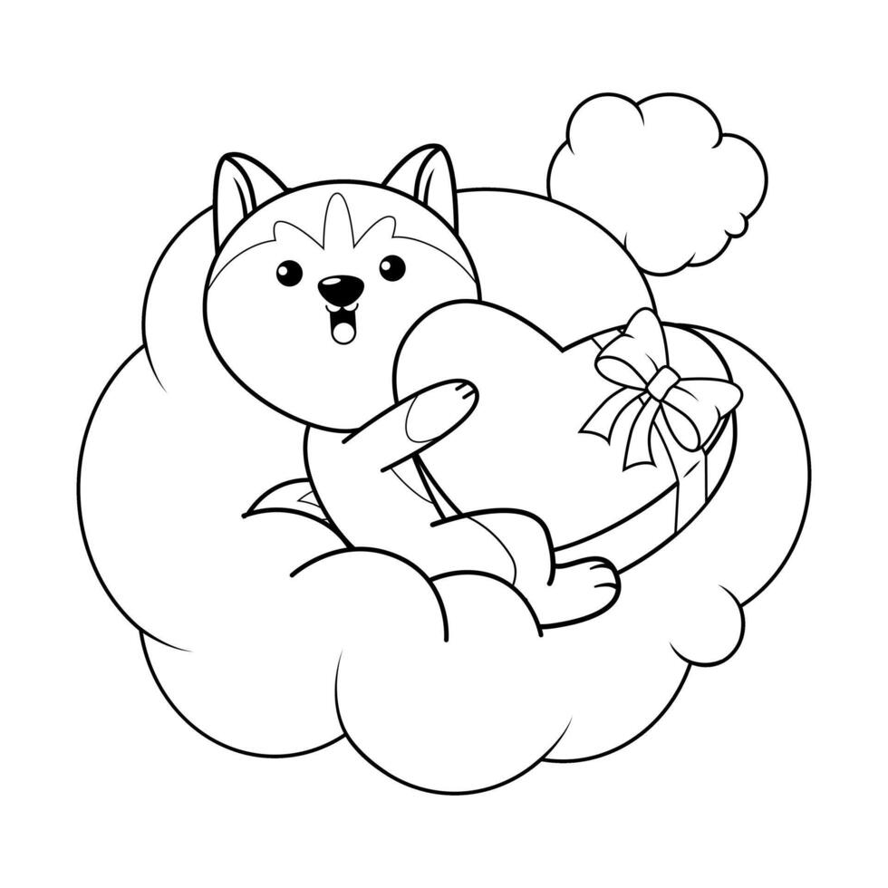 A cartoon dog holding a heart in the clouds coloring page vector