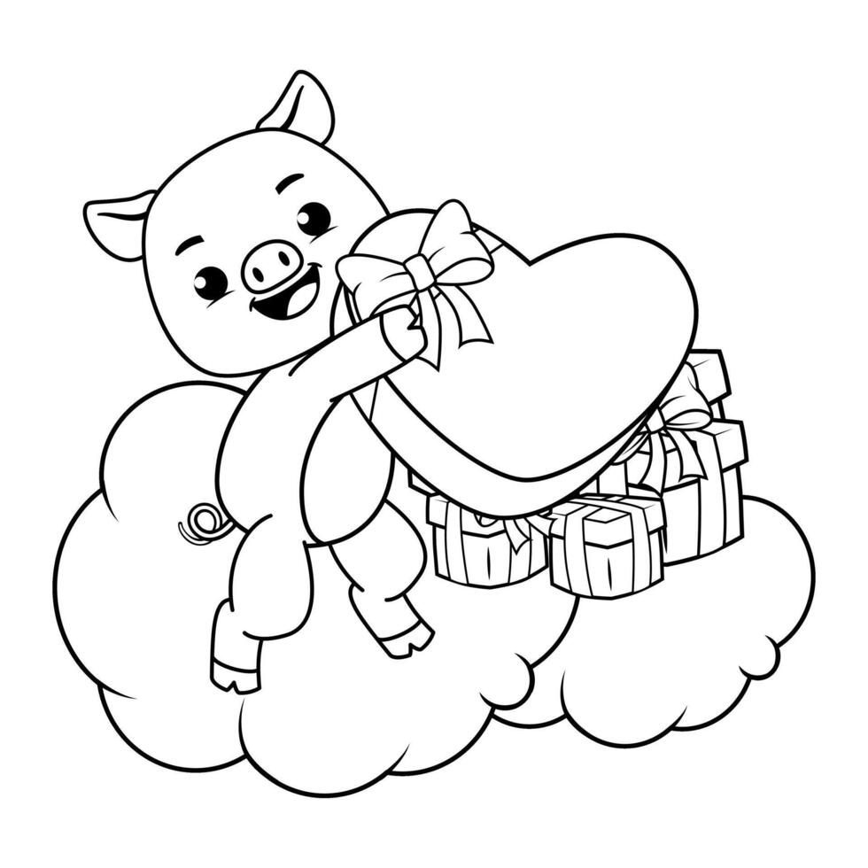 A pig holding a heart on a cloud coloring page vector