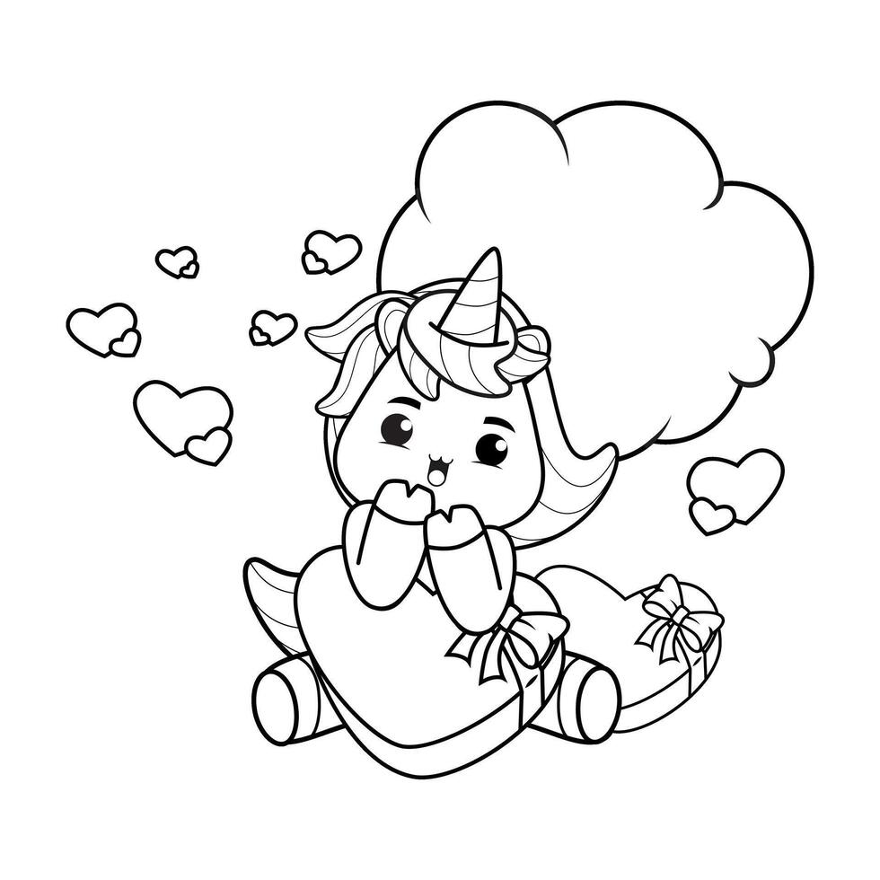 A cute little unicorn is sitting on a heart shaped pillow vector