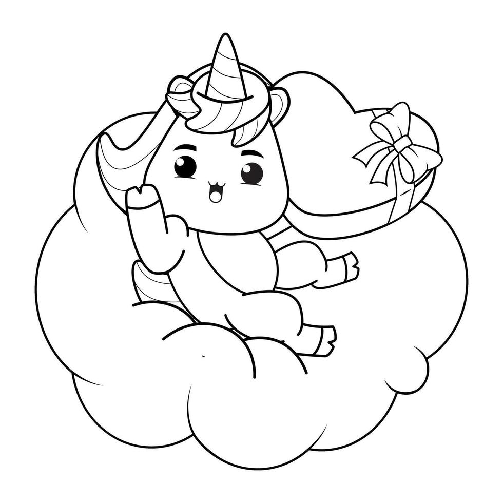 A unicorn is sitting on a cloud coloring page vector
