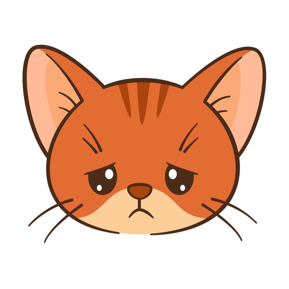Sad orange tabby cat face. Hand drawn Flat style Chibi face of an sad kitten. Clean, simple design. Perfect for childrens content, greeting cards, stickers, tshirts, mug and posters illustration vector