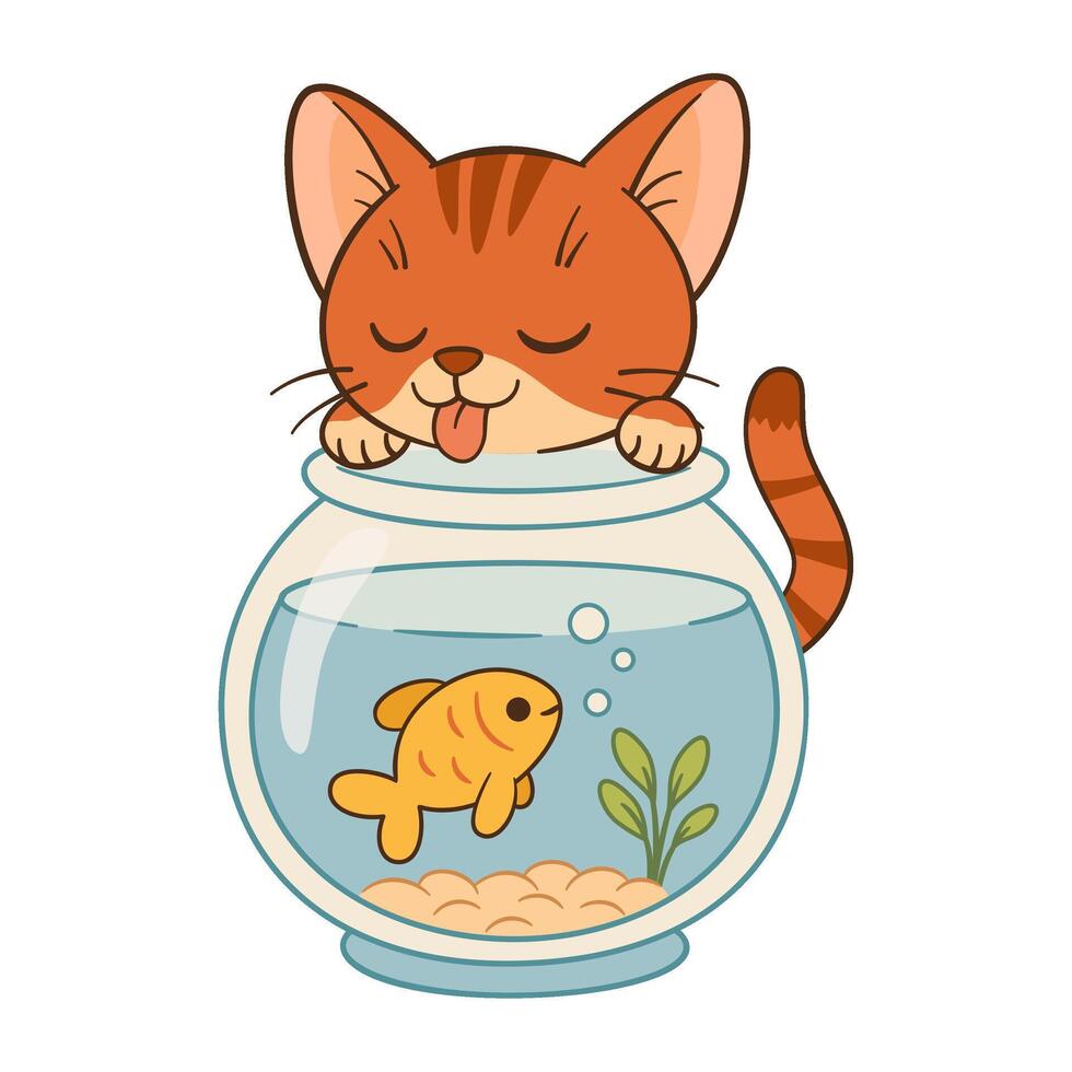 Cute ginger tabby cat drinks water from an aquarium with goldfish.Hand drawn Flat chibi style. Ideal for children's books, apps, pet care promotions, websites or greeting cards for pet lovers. vector