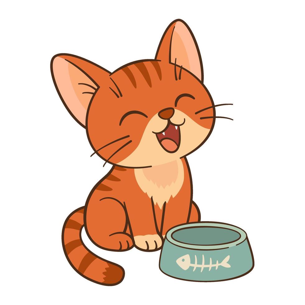 Cute ginger tabby cat sits by an empty bowl. Kitten meows and asks for food. Flat style clean, simple design. For childrens content, greeting cards, stickers, tshirts, mug and posters illustration. vector