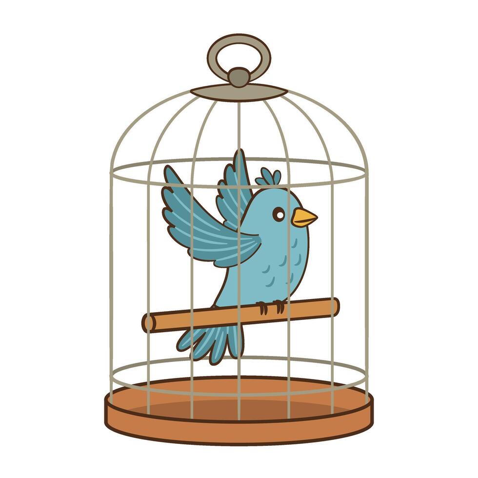 Cute blue bird in a cage. Hand drawn Flat style home feathered pet. Ideal for childrens books, stickers, animal blogs, mugs, pet care content, cheerful digital art illustration vector