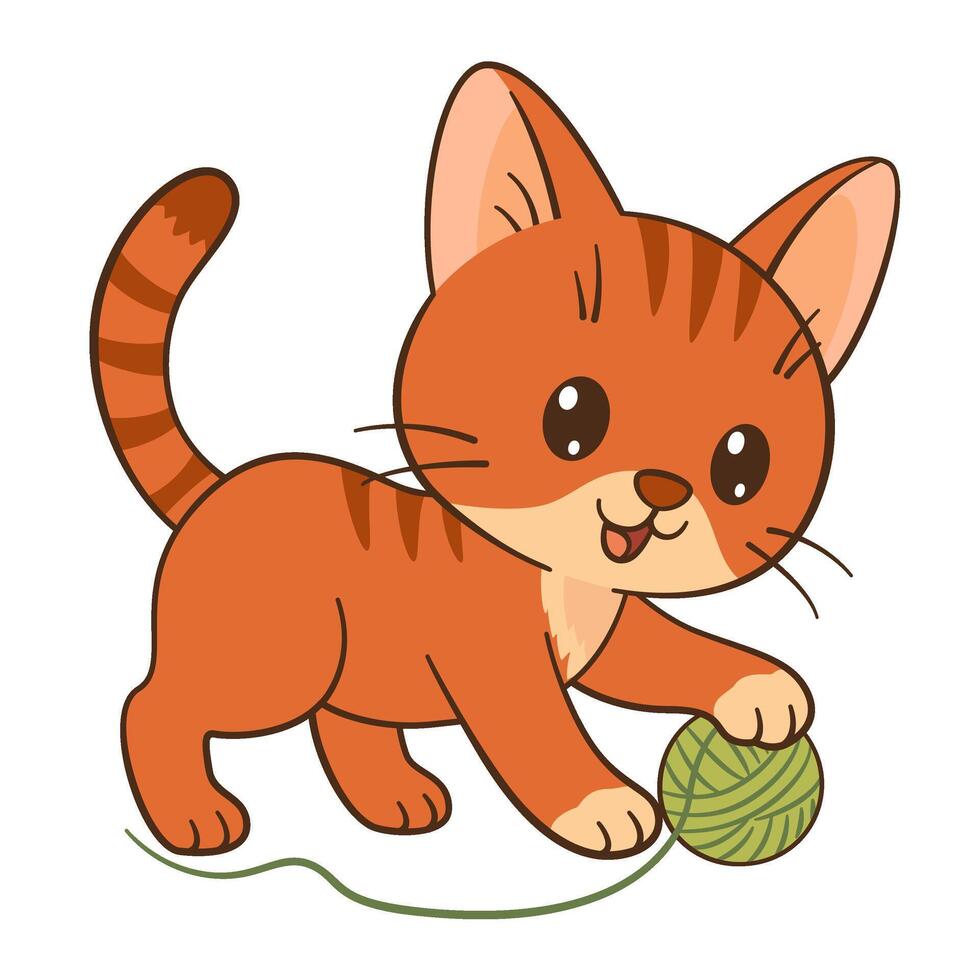 Kitten playing with ball of yarn. Cute ginger tabby kitten in Flat style Chibi cat clean, simple design. For childrens book illustrations, greeting cards, stickers, tshirts, mug and posters. vector