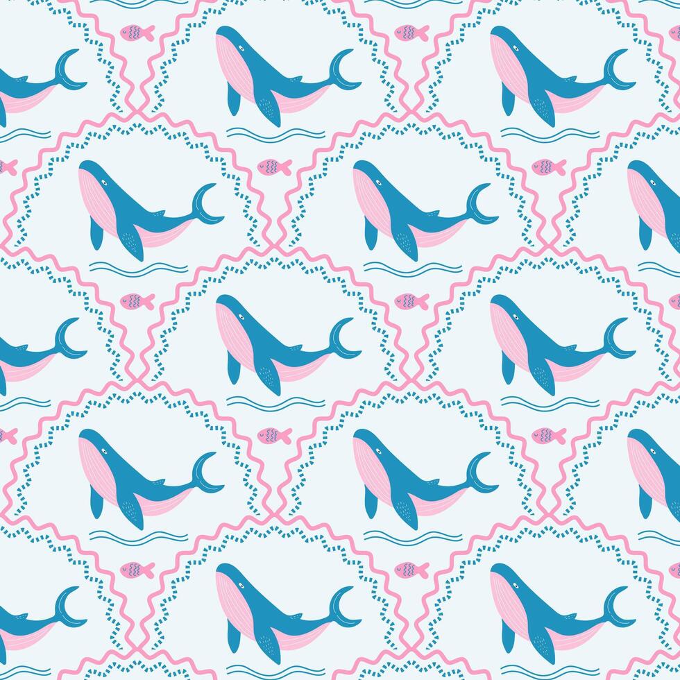 Marine seamless retro pattern with whales. Summer tropical sea background. vector
