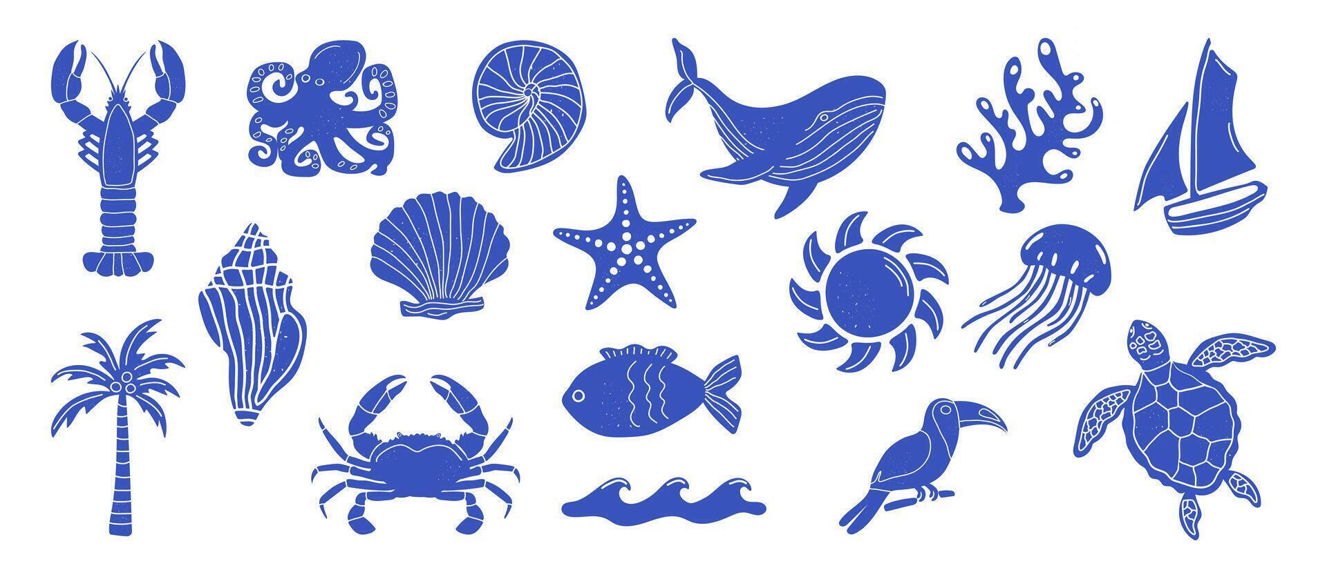 Set of marine vintage icons. Marine animals and sea objects. vector