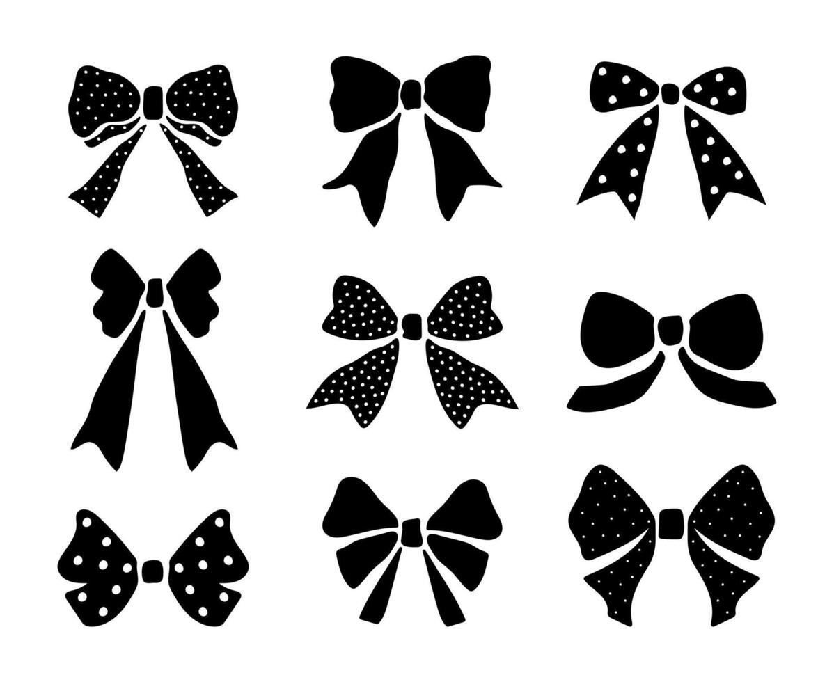 Set of bow silhouettes. Black polka dot bows on a white background. vector