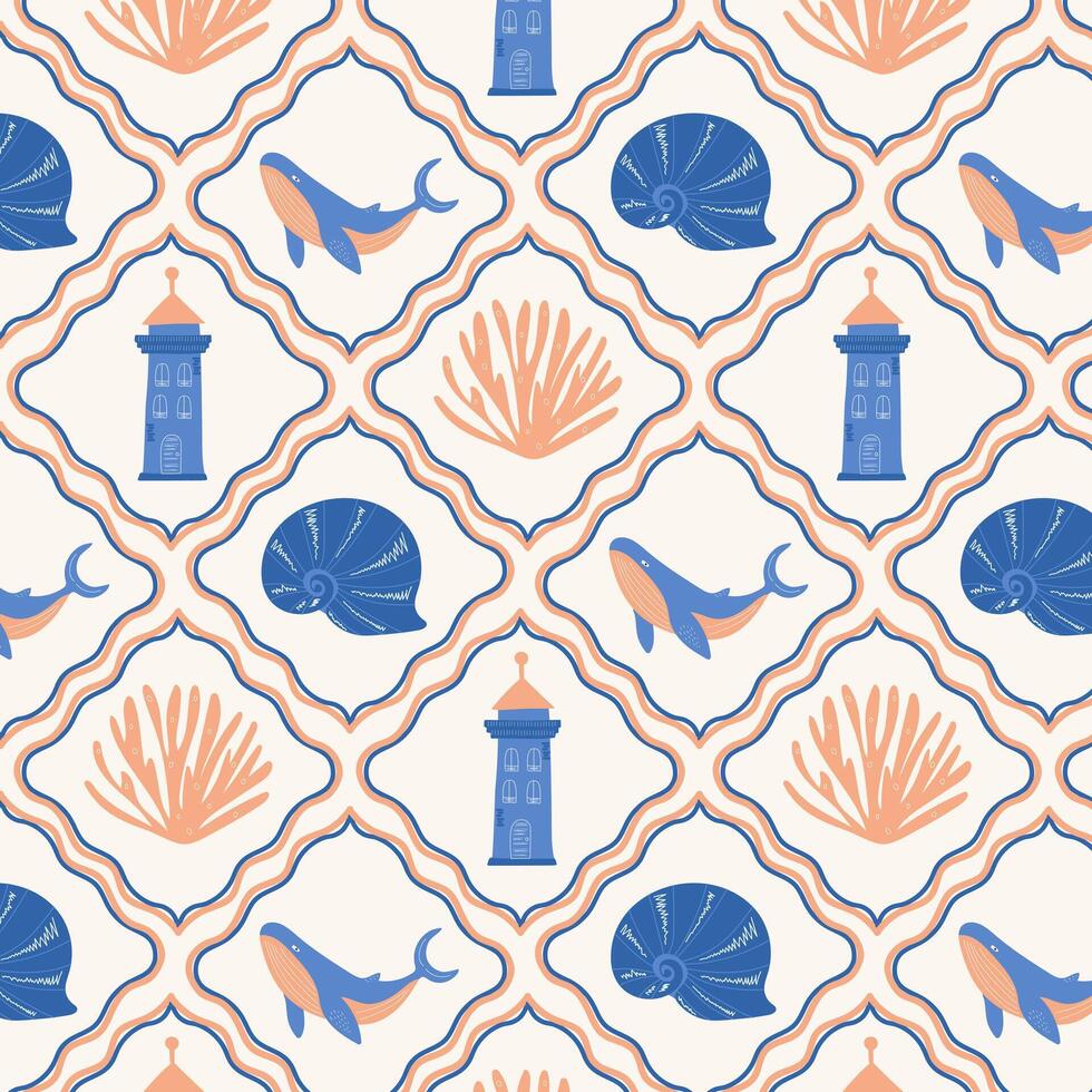 Marine seamless retro pattern with corals, shell, lighthouse and whale. vector