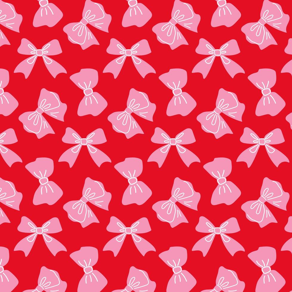 Hand drawn pink bows on red background, seamless pattern. vector