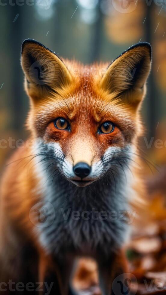 Captivating red fox in a forest setting during autumn, showcasing striking fur and expressive eyes while surrounded by foliage photo