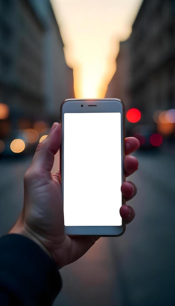 A person holding up a smartphone with a blank screen photo
