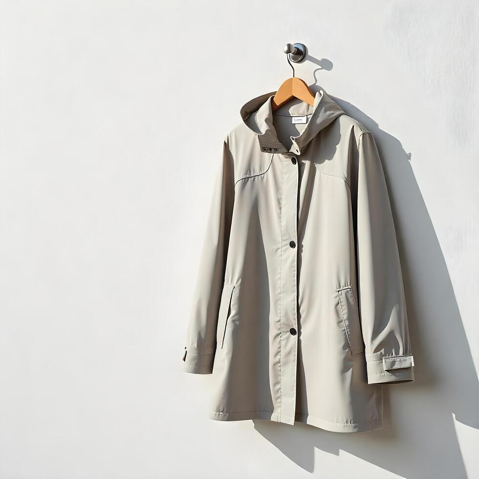 A coat hanging on a wall against a white wall photo