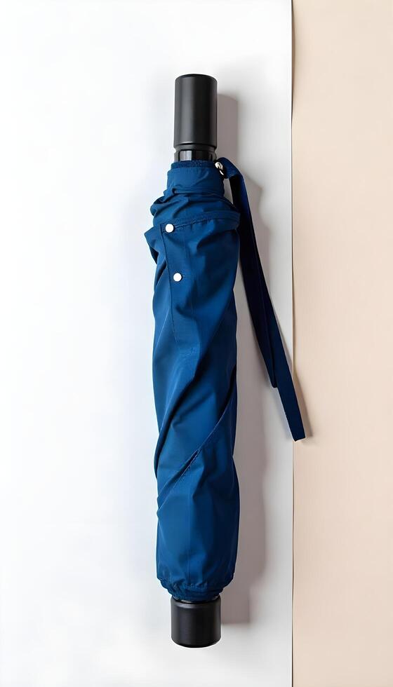 A blue umbrella with a black handle on a white surface photo