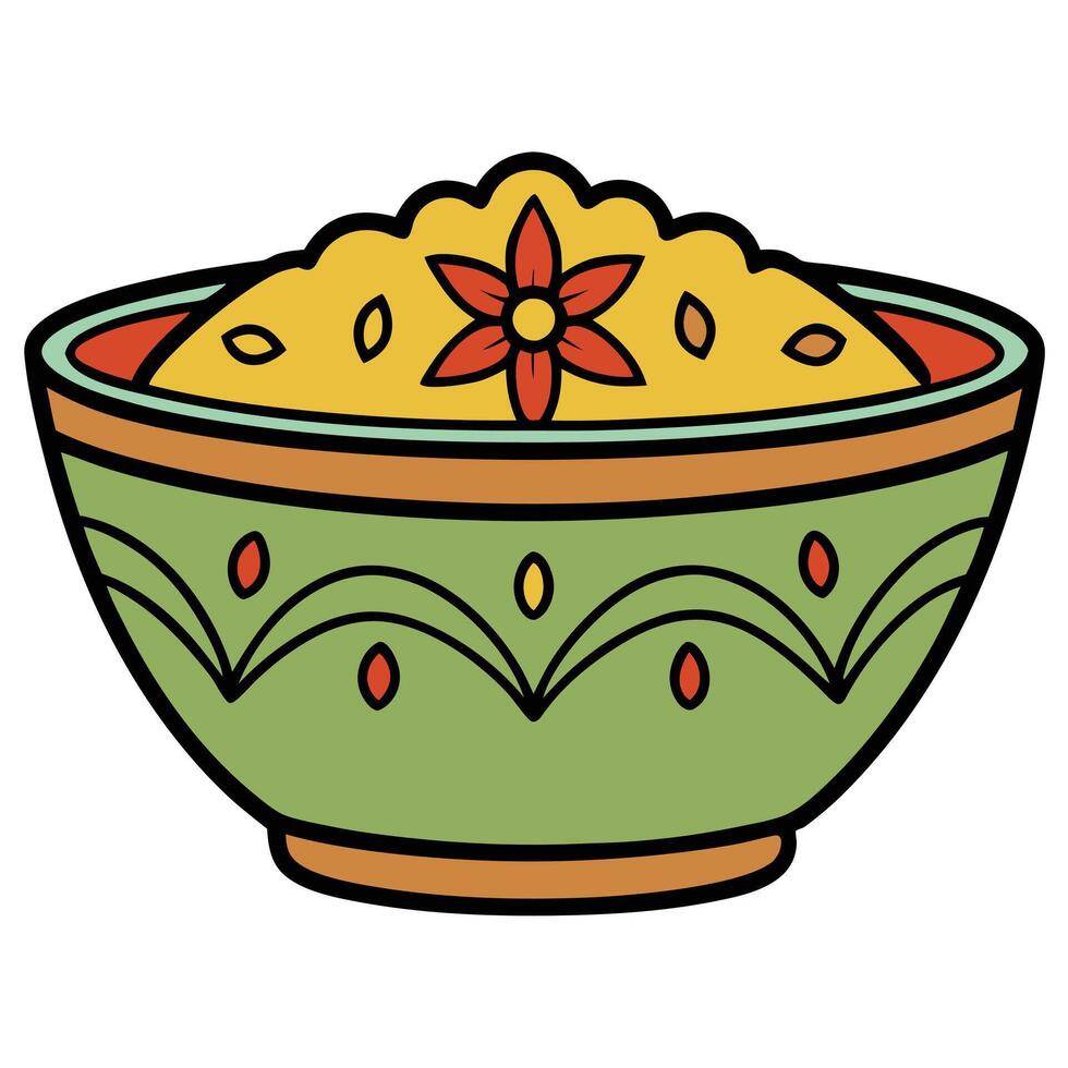 Rice bowl with yellow rice in it vector
