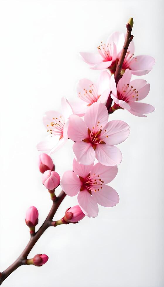 A branch of pink flowers is shown on a white background photo