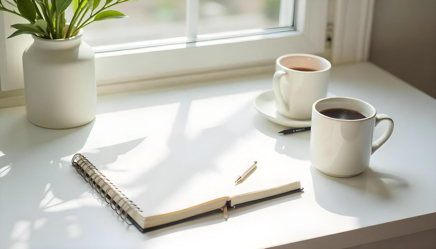 A notebook and a cup of coffee on a window sill photo