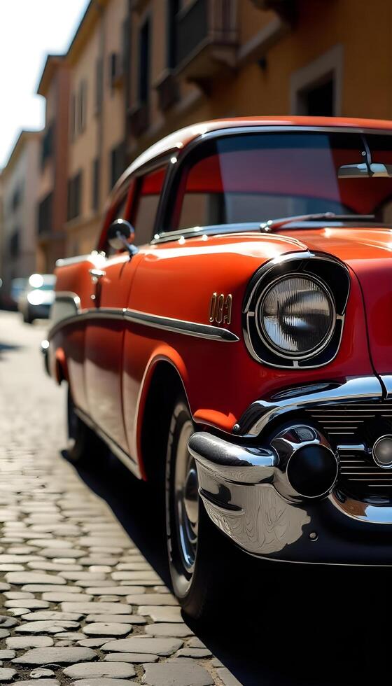 An old red car is parked on a cobblestone street photo