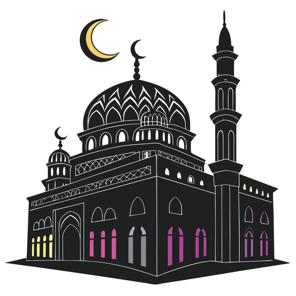 Majestic Mosque Silhouette Islamic Architecture at Night vector