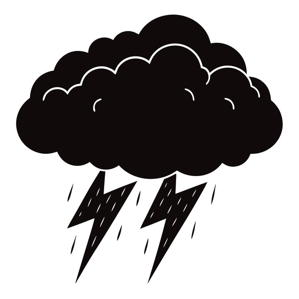 Dark Storm Cloud with Lightning Bolts and Rain Hand-Drawn Illustration vector