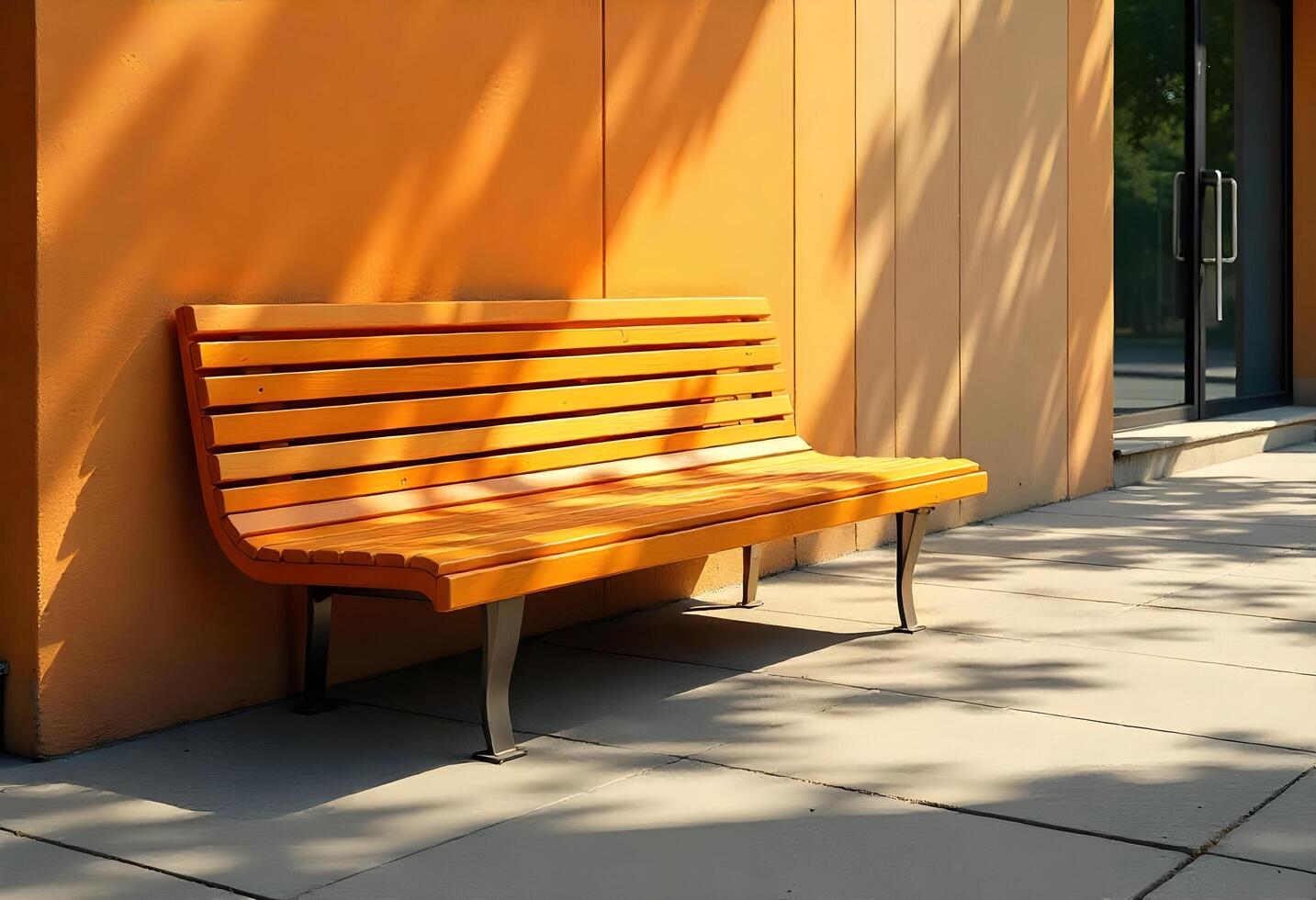 An orange bench sitting on a sidewalk near a wall photo