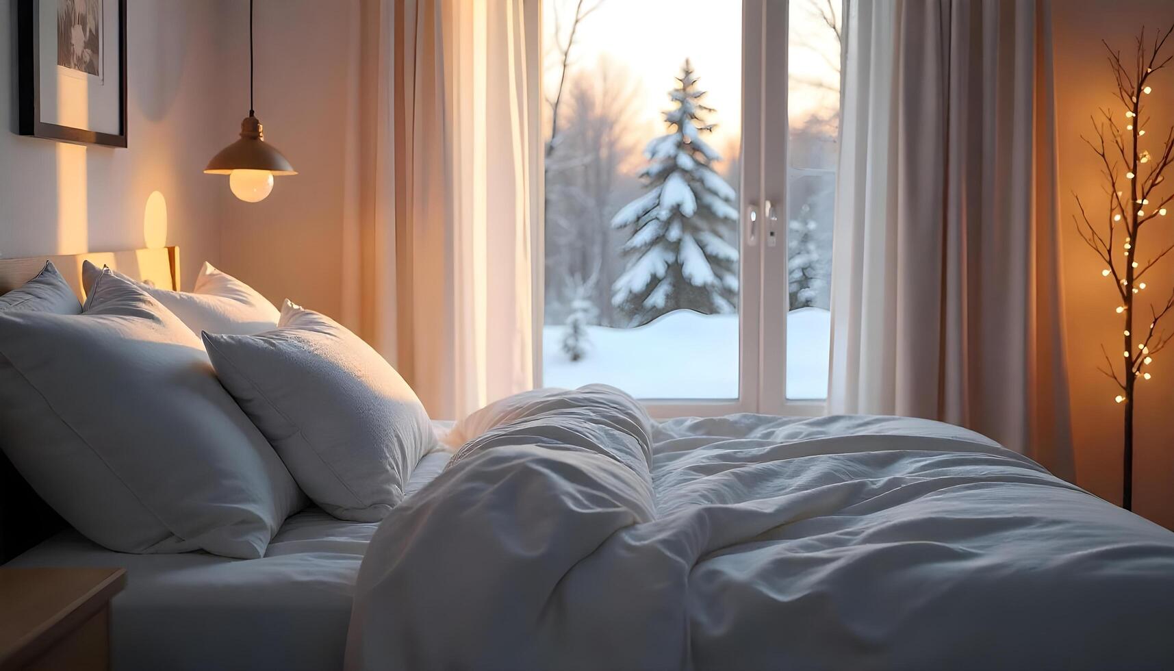 A bed with white sheets and a lamp in front of a window photo