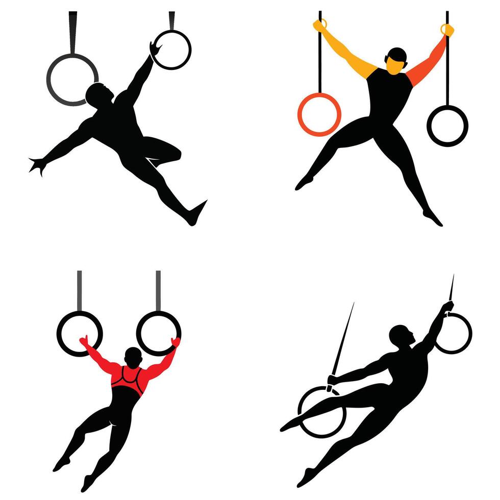Gymnastics athletes performing on rings in various poses and movements silhouetted illustrations vector