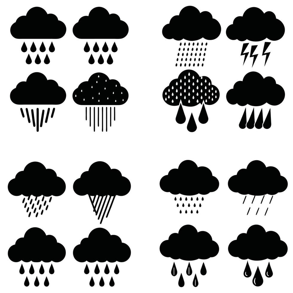 Collection of black and white weather icons representing various rain and storm cloud illustrations vector