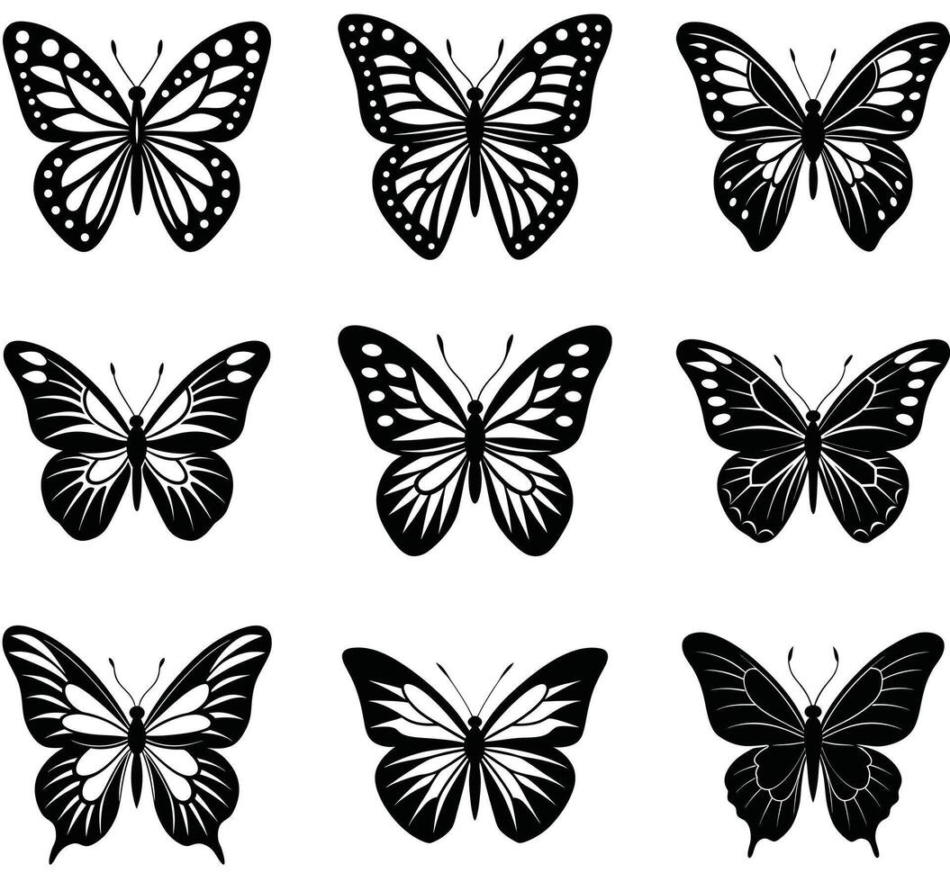Elegant black and white butterfly silhouettes featuring various wing patterns on a clean white background vector