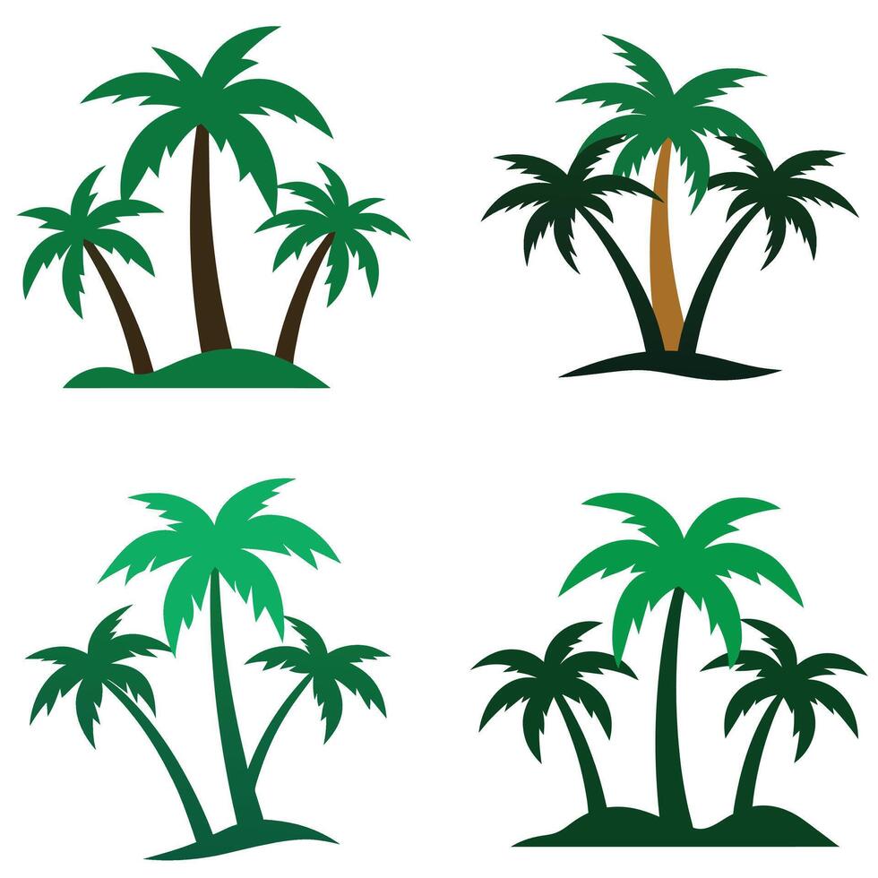 Collection of four different flat illustrations of stylized palm trees on white backgrounds. vector