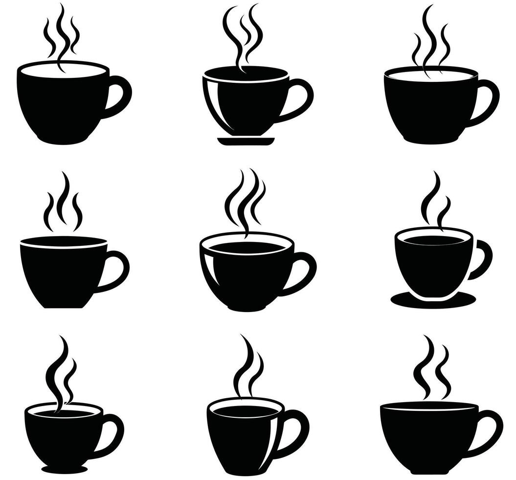 Set of nine icons depicting steaming coffee cups in simple black and white silhouette styles vector