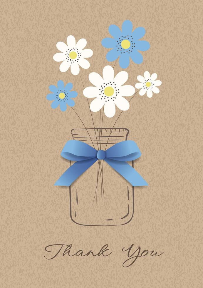 Cute Card Flat Flowers, Doodle Jar and 3D Bow on Kraft Paper Background. Spring or Summer Poster with Bouquet on Cardboard Background. Brown Kraft Sheet Texture. Floral on Vintage Parchment Background vector