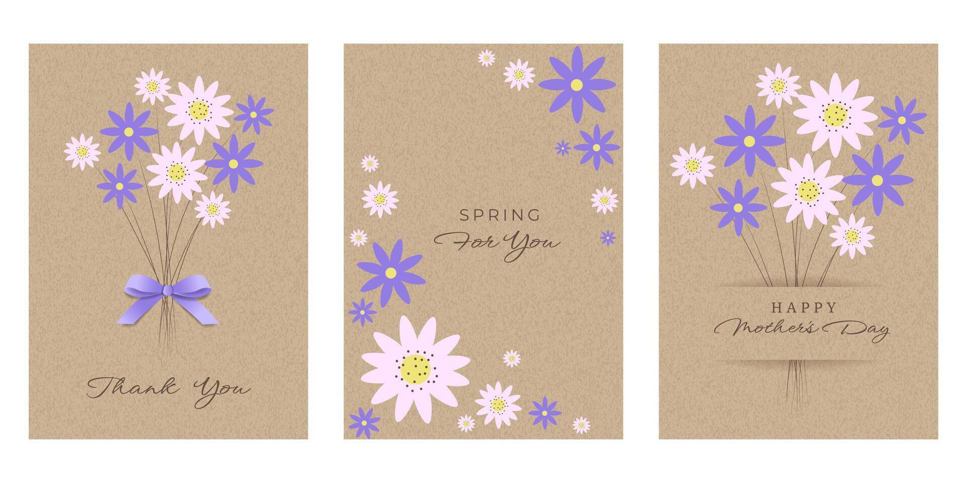 Doodle Set with Cute Flowers and 3D Bow on Kraft Paper. Spring or Summer Banner with Bouquet on Cardboard Background. Brown Kraft Sheet Texture. Template with Floral on Vintage Parchment Background. vector