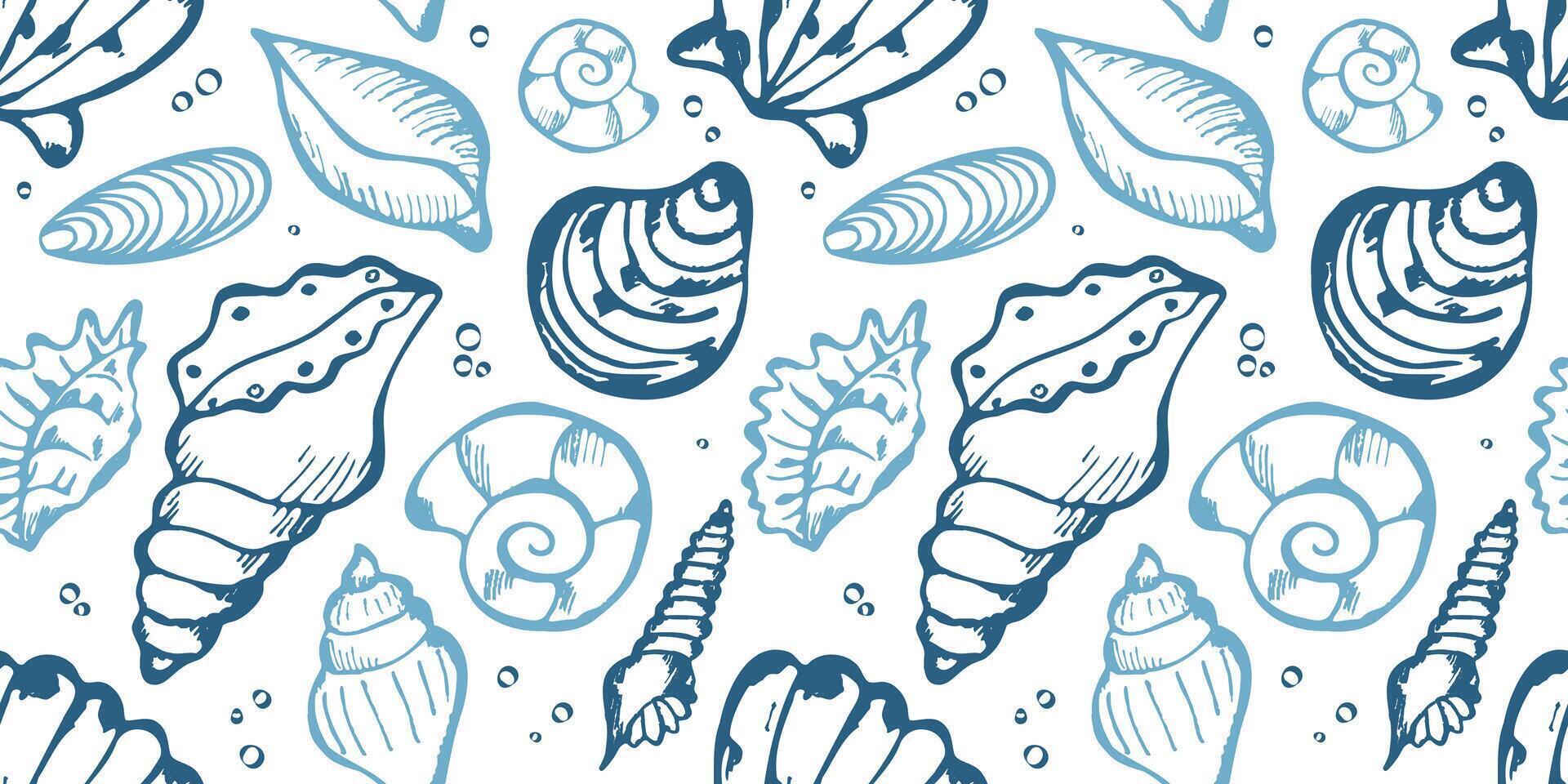 Sea Shell Seamless Pattern Hand Drawn Art Line Underwater Illustration. Summer Seashell Doodle Background Design for Fashion, Fabric, Textile, Wallpaper , Wrapping, Prints. Sketch vintage Style. vector