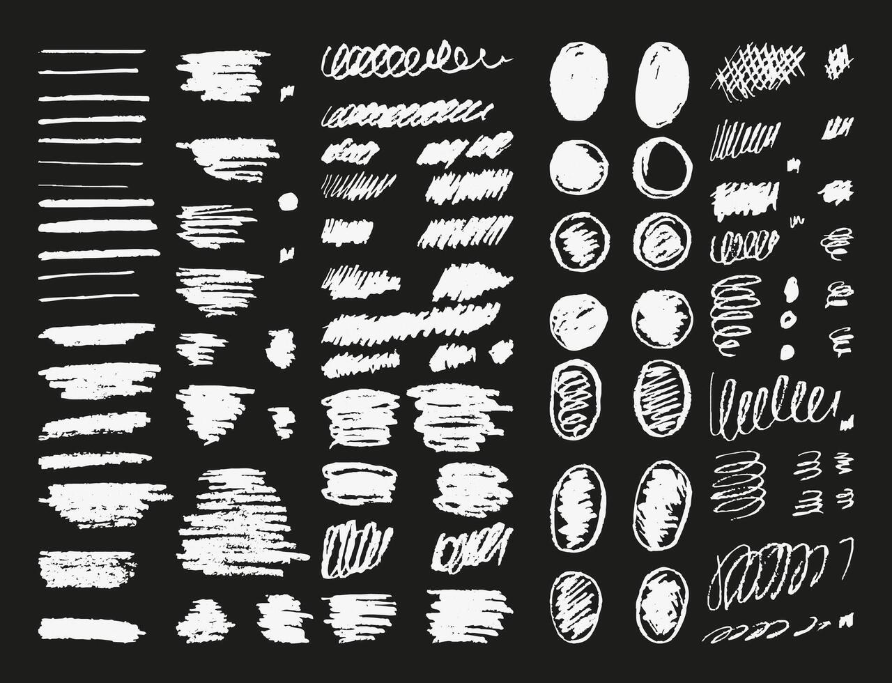 Set Charcoal Brush Strokes on Black Background. Wavy Lines Shapes. Kids Hand Drawn Abstract Shapes Lines Drawn with Pencil Black charcoal. Circles, Scribbles Strokes and Grunge Texture for Draw vector