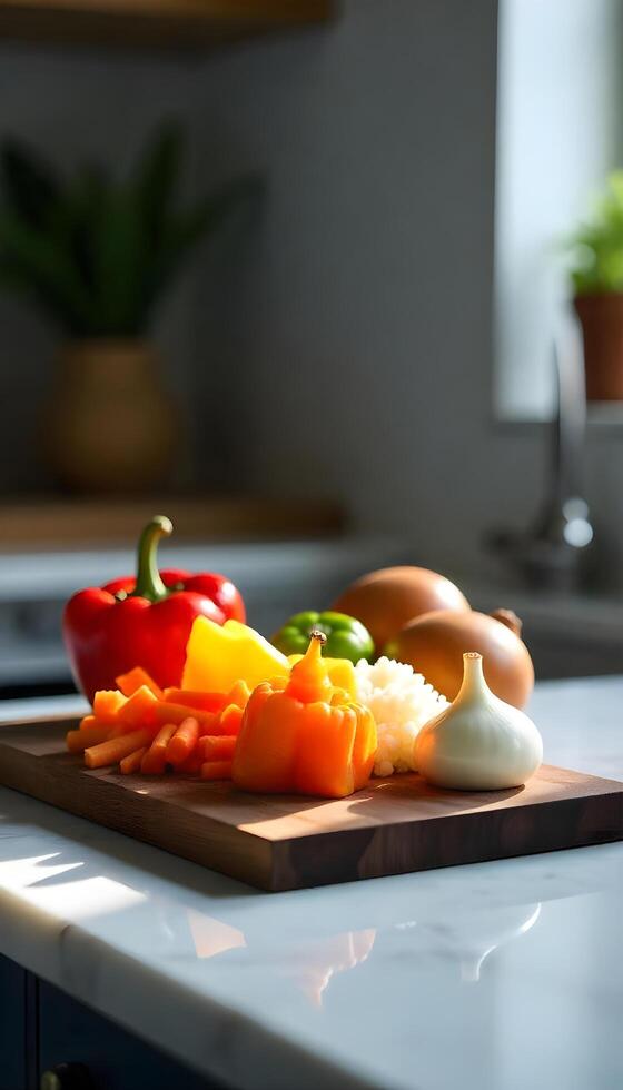 A cutting board with vegetables and garlic on it photo