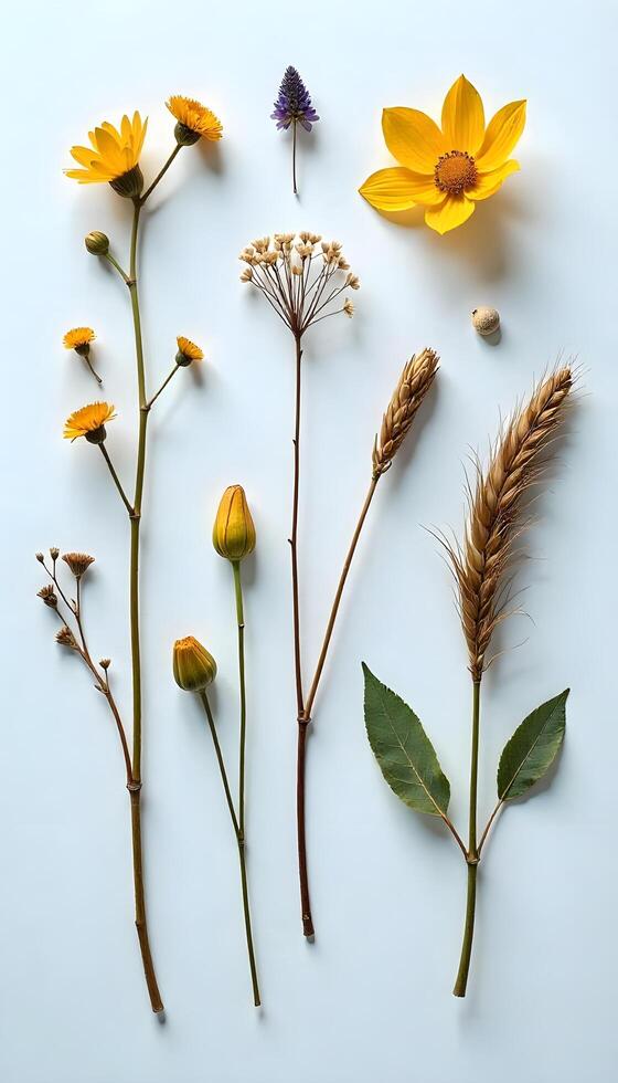 A group of different types of flowers and leaves photo