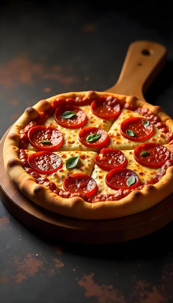 A pizza on a wooden board with a wooden spatula photo
