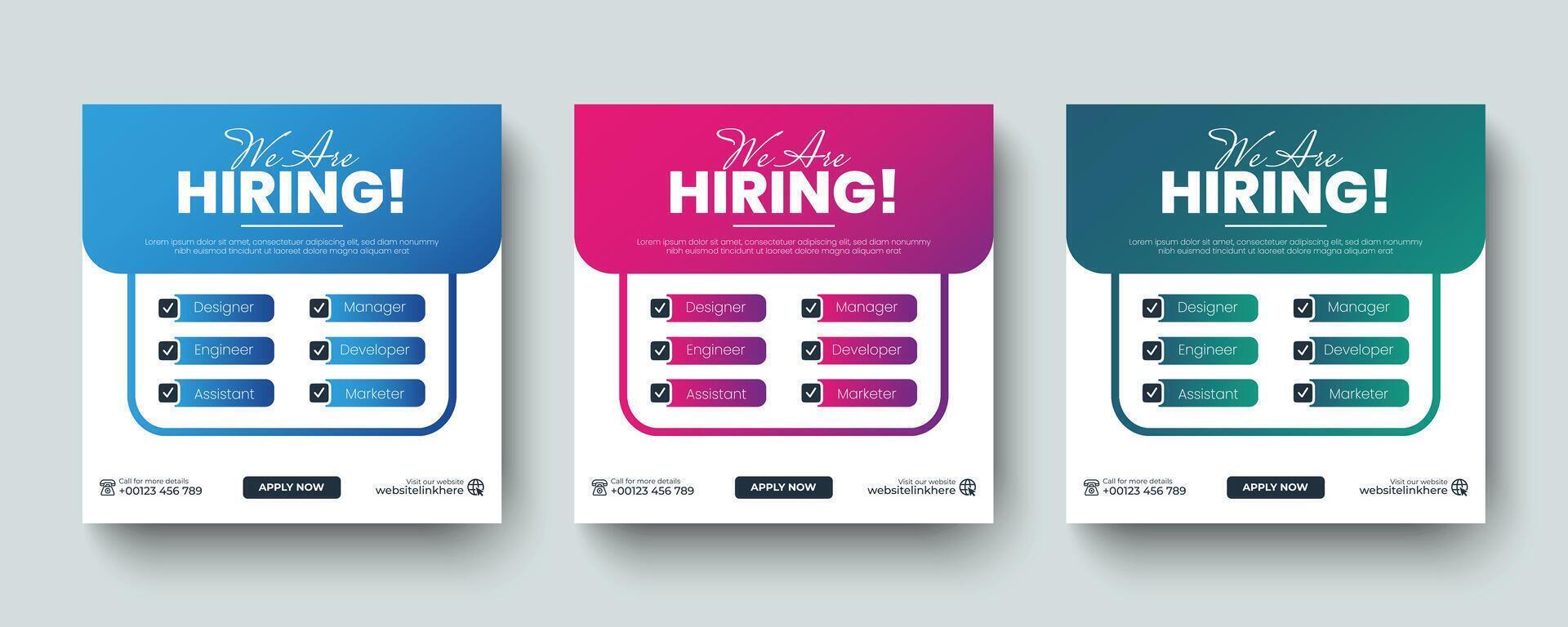 We are hiring job vacancy social media post and square web banner design template. Template design for professional hiring social media web banner layout template design. vector
