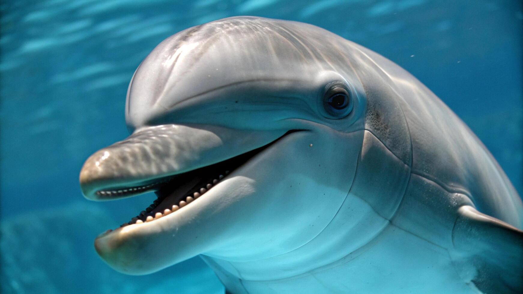 A dolphin with its mouth open and its teeth showing photo