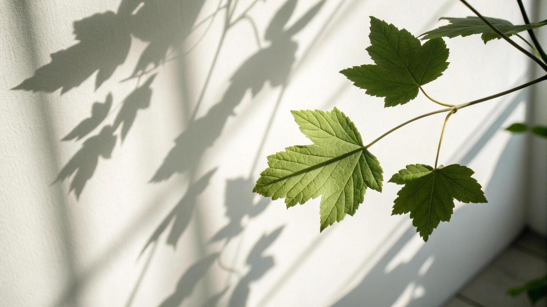 A plant with leaves is shown in front of a wall photo