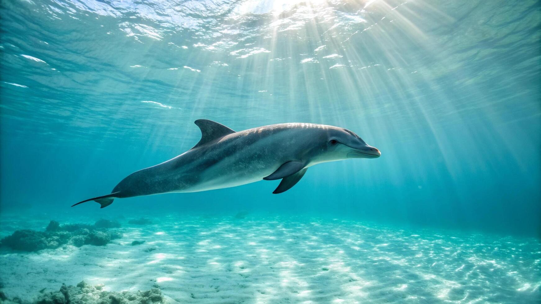 Dolphin swimming in the ocean with sunlight shining through the water photo