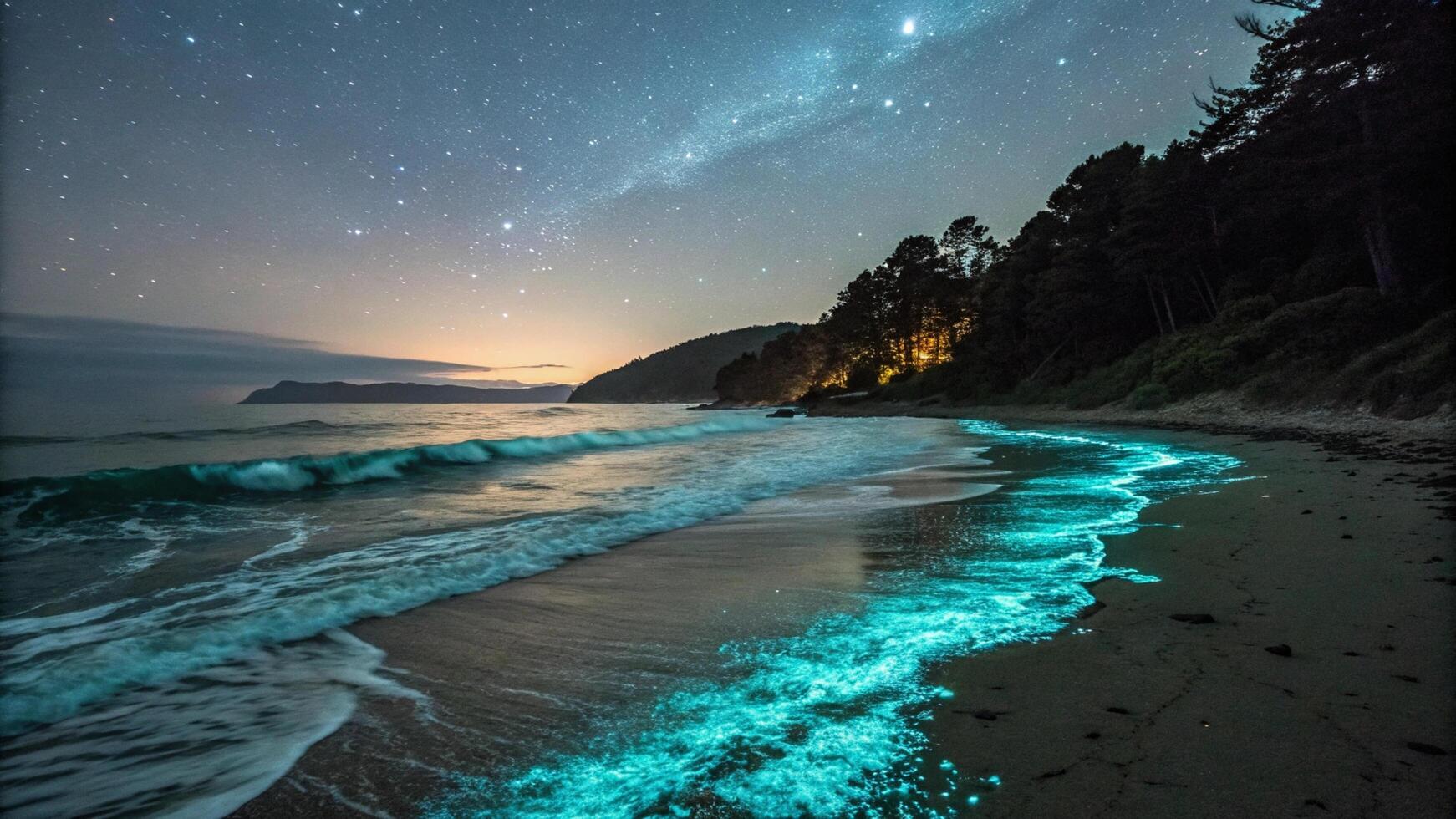 A beach with glowing blue water and stars photo
