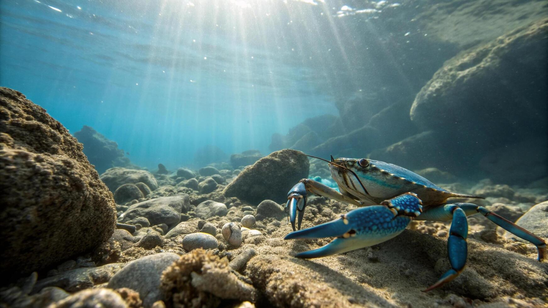 A blue crab on the beach with rocks and sun photo