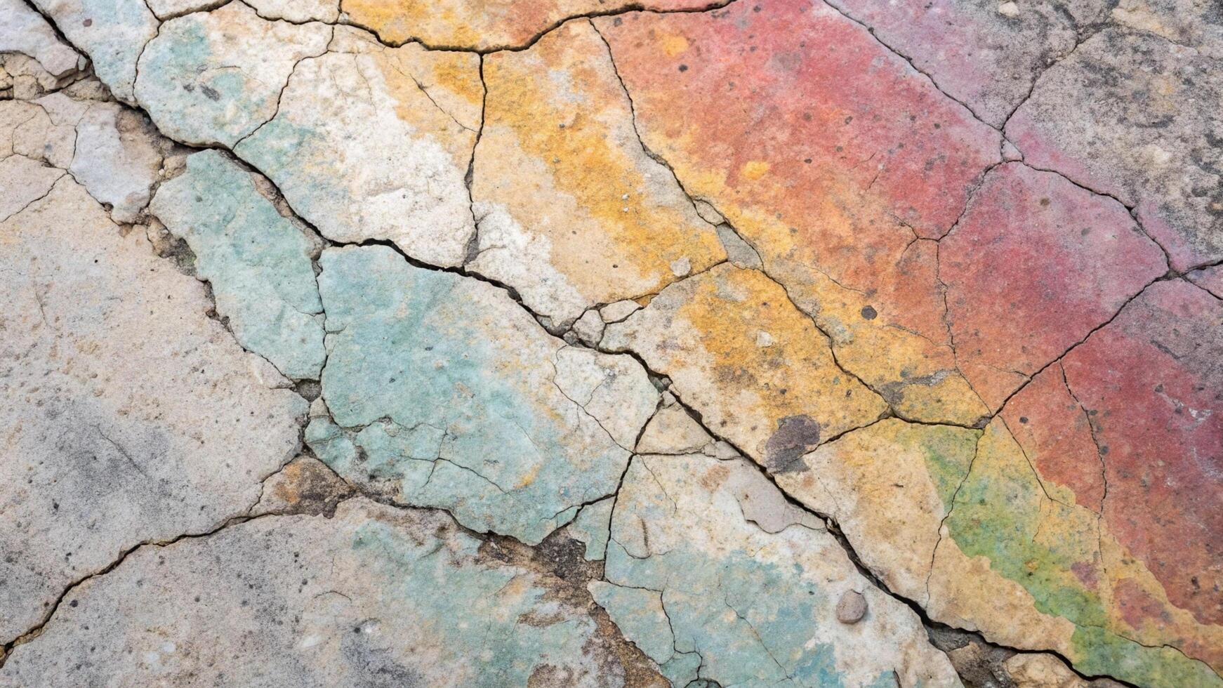 A close up of a cracked concrete wall with a rainbow painted on it photo