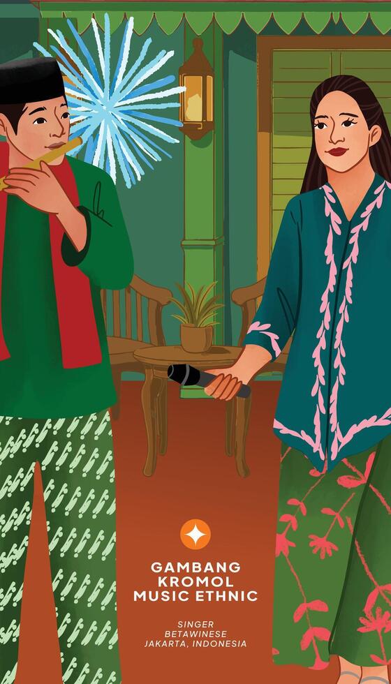 A man and woman in traditional clothing are standing in front of a fire vector