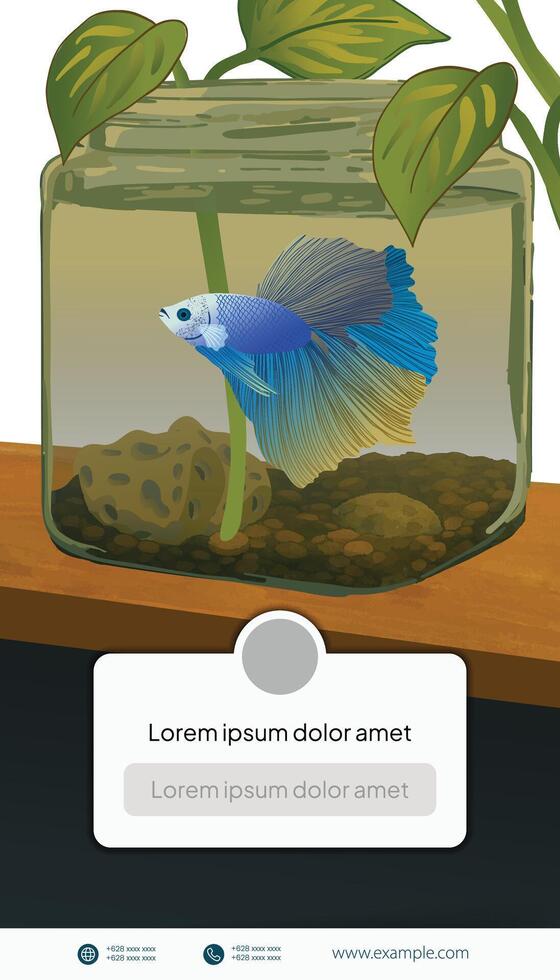 A fish in a glass aquarium with a plant and a text box vector