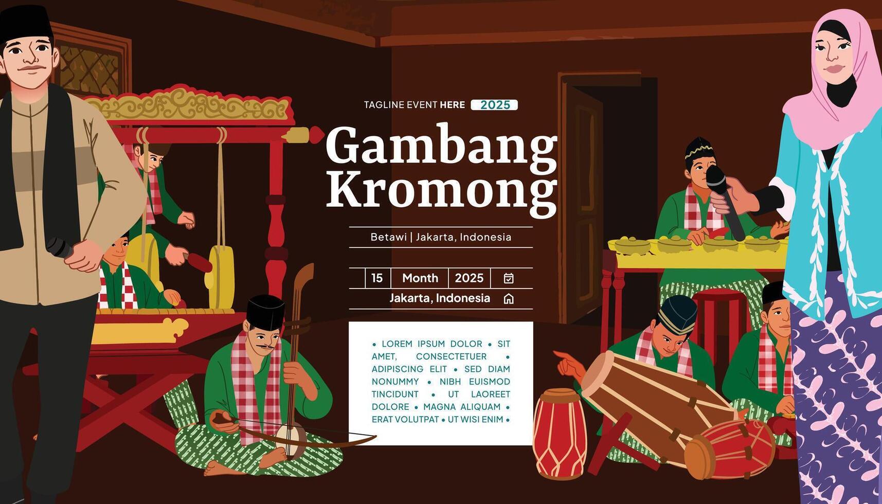 A poster for gamang kromong, a traditional indonesian folk dance vector