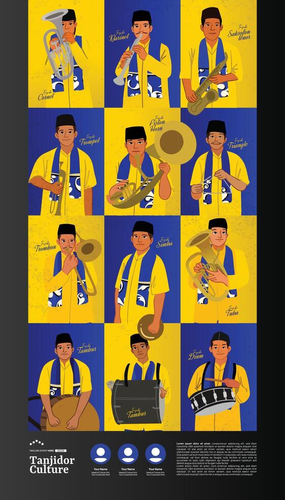 A poster with a variety of people playing instruments vector