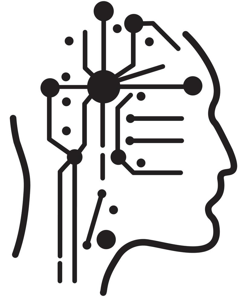 Head outline with CPU style connections representative of AI or technology taking over the human brain vector
